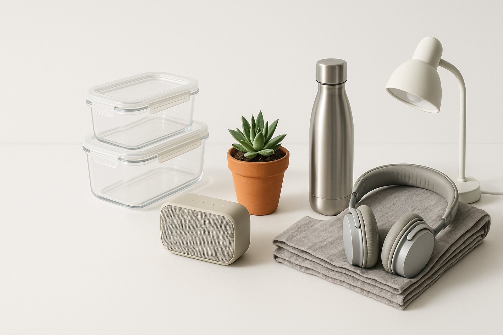A selection of well-reviewed everyday products: kitchen storage, headphones, a plant, a water bottle and a desk lamp
